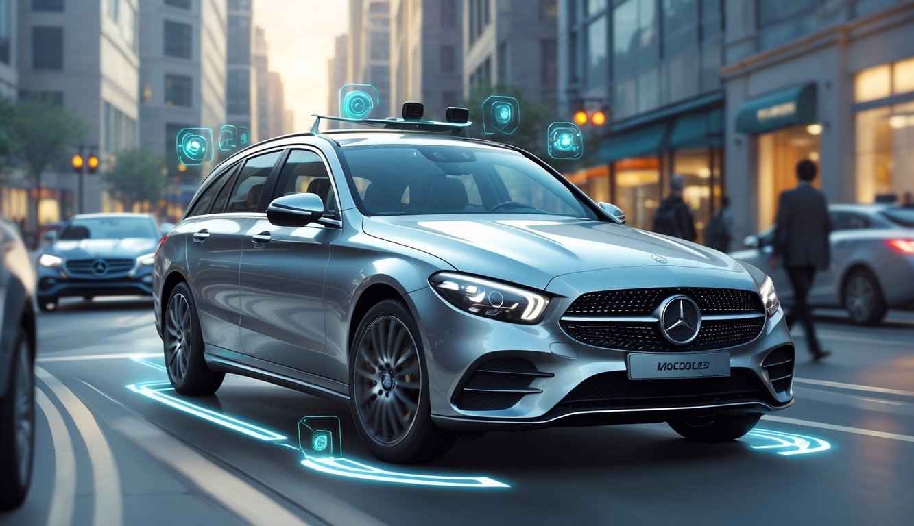 Mercedes C220d karavan prikazan u urbanom okruženju s prikazom sigurnosnih i pomoćnih sustava vozaču.