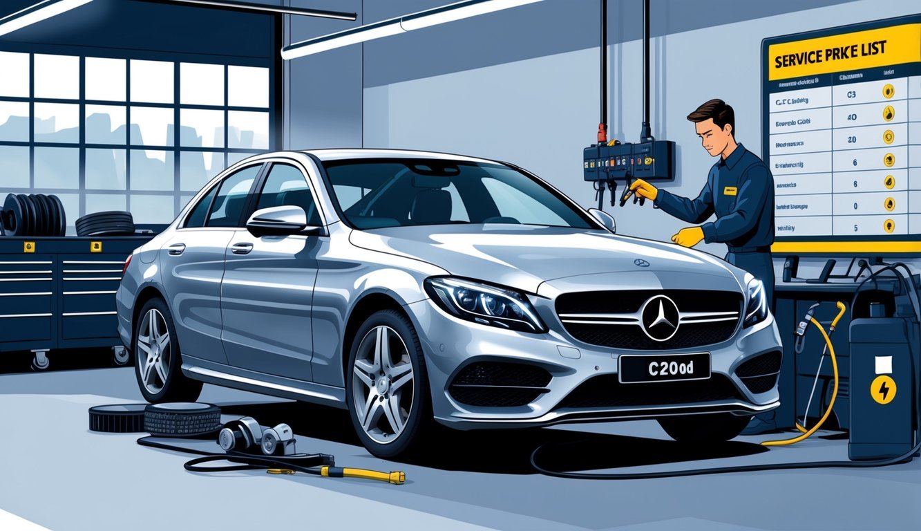 Mercedes C200d parkiran u automehaničarskoj radionici dok mehaničar pregledava automobil uz prikaz tipičnih kvarova i elemenata servisa.