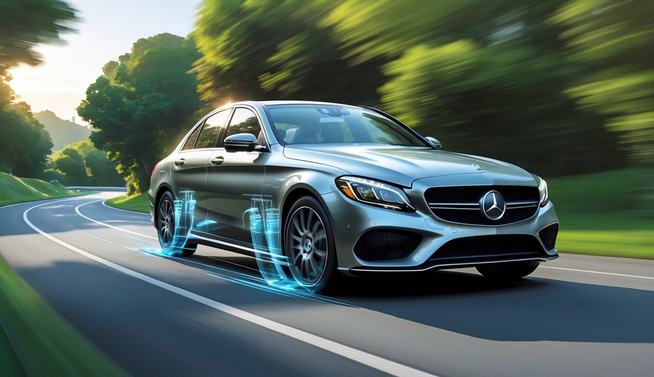 Mercedes C300d na cesti okruženoj zelenilom, prikazan u pokretu s naglaskom na ovjes i osjećaj u vožnji.