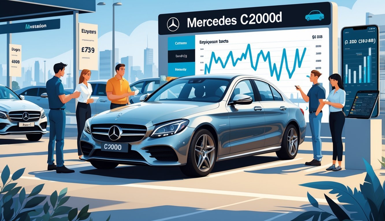 Mercedes C200d parkiran ispred autosalona s ljudima koji razgovaraju i pregledavaju automobil, prikazujući tržište rabljenih vozila.