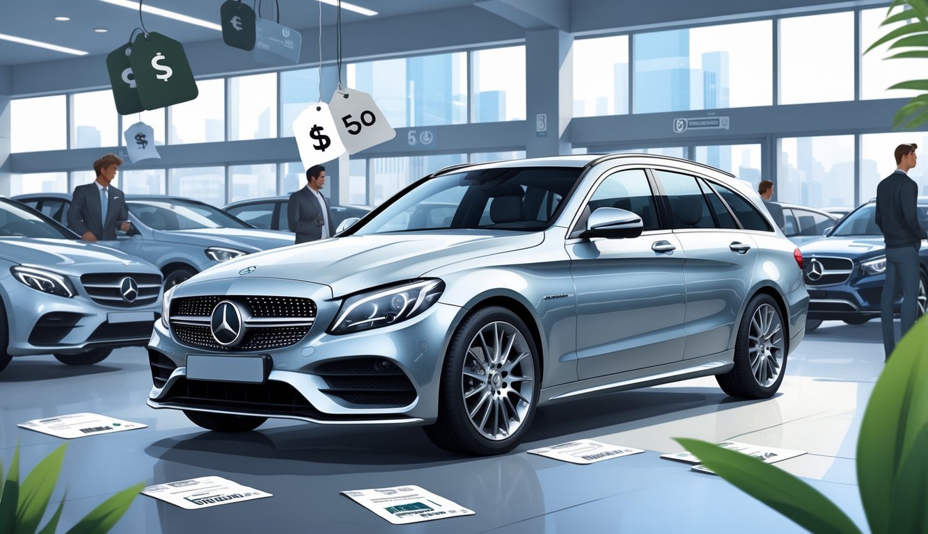 Mercedes-Benz C220d karavan parkiran u gradskom okruženju s elementima koji simboliziraju tržište rabljenih automobila.