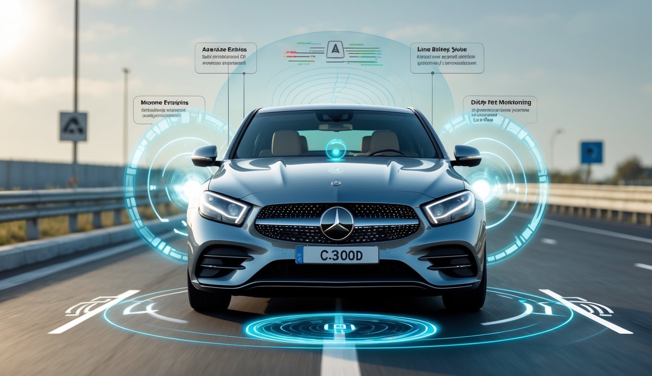 Mercedes C300d na cesti s prikazom sigurnosnih i pomoćnih sustava za vozača.
