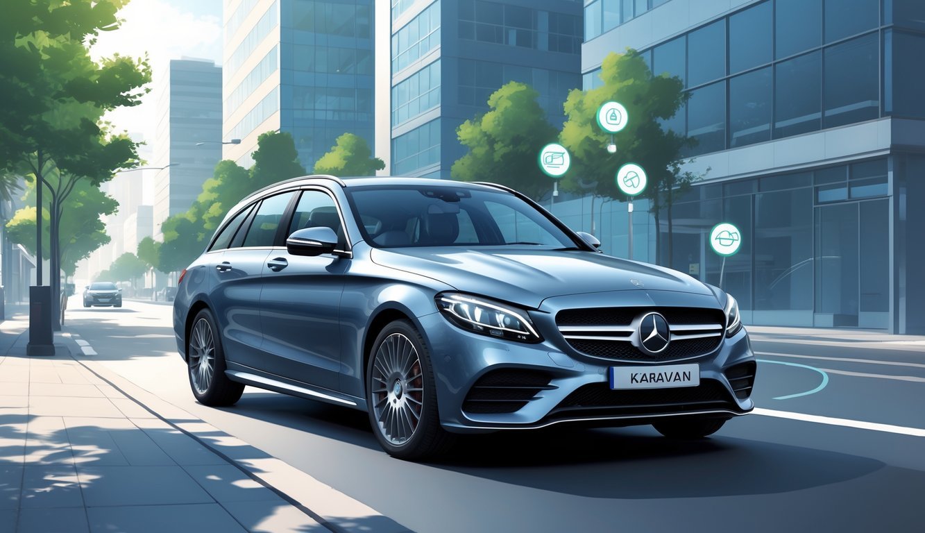 Mercedes-Benz C220d karavan parkiran u urbanom okruženju s prikazom simbola prednosti i mana vlasnika.