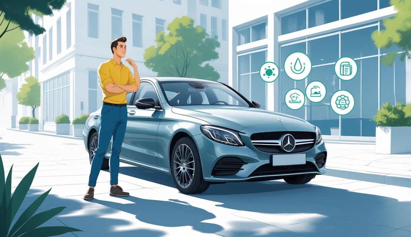 Vlasnik stoji pored Mercedes C200d automobila u gradskom okruženju, razmišljajući o svojim iskustvima s vozilom.