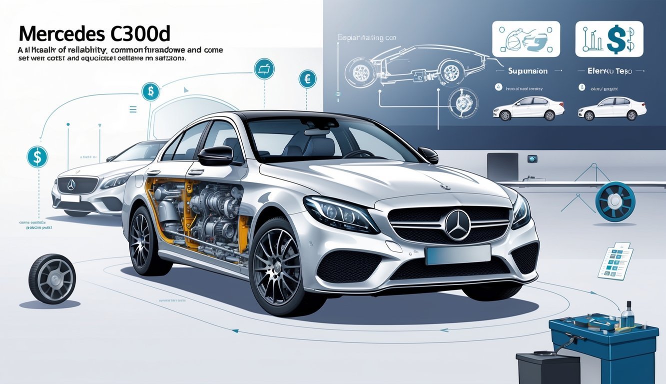 Mercedes C300d automobil s prikazom dijelova koji se često kvare i simbolima koji predstavljaju troškove servisa.