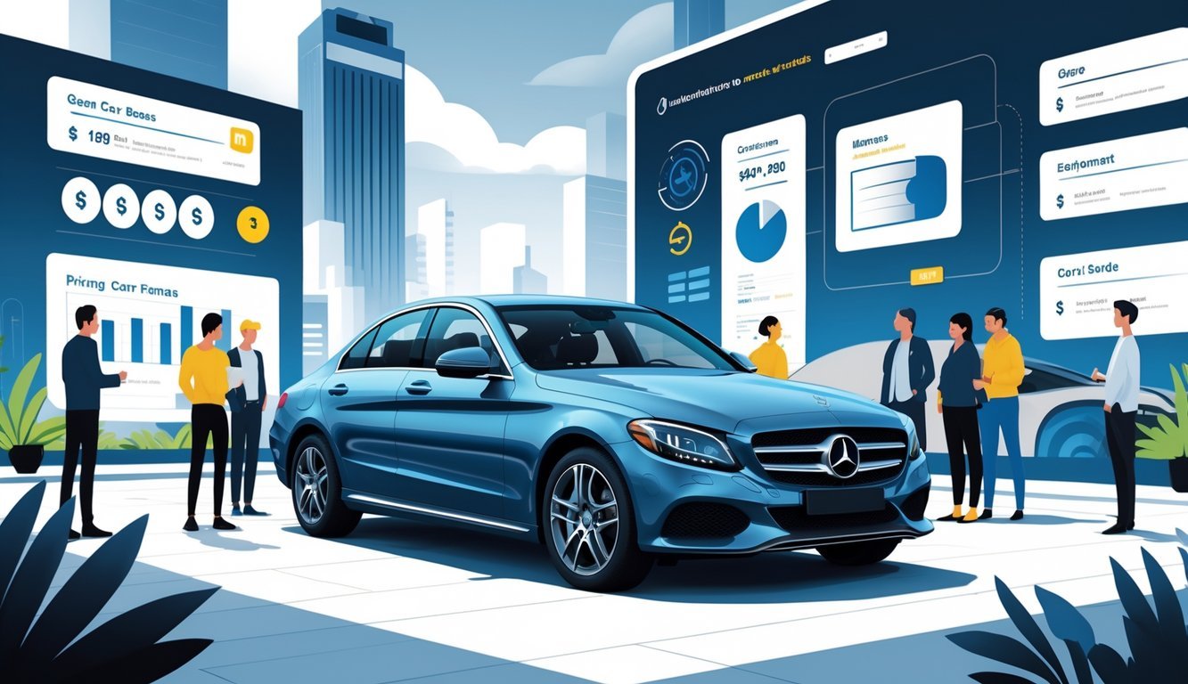 Mercedes-Benz C300d automobil parkiran u urbanom okruženju s ljudima oko njega koji simboliziraju iskustva i tržište rabljenih vozila.