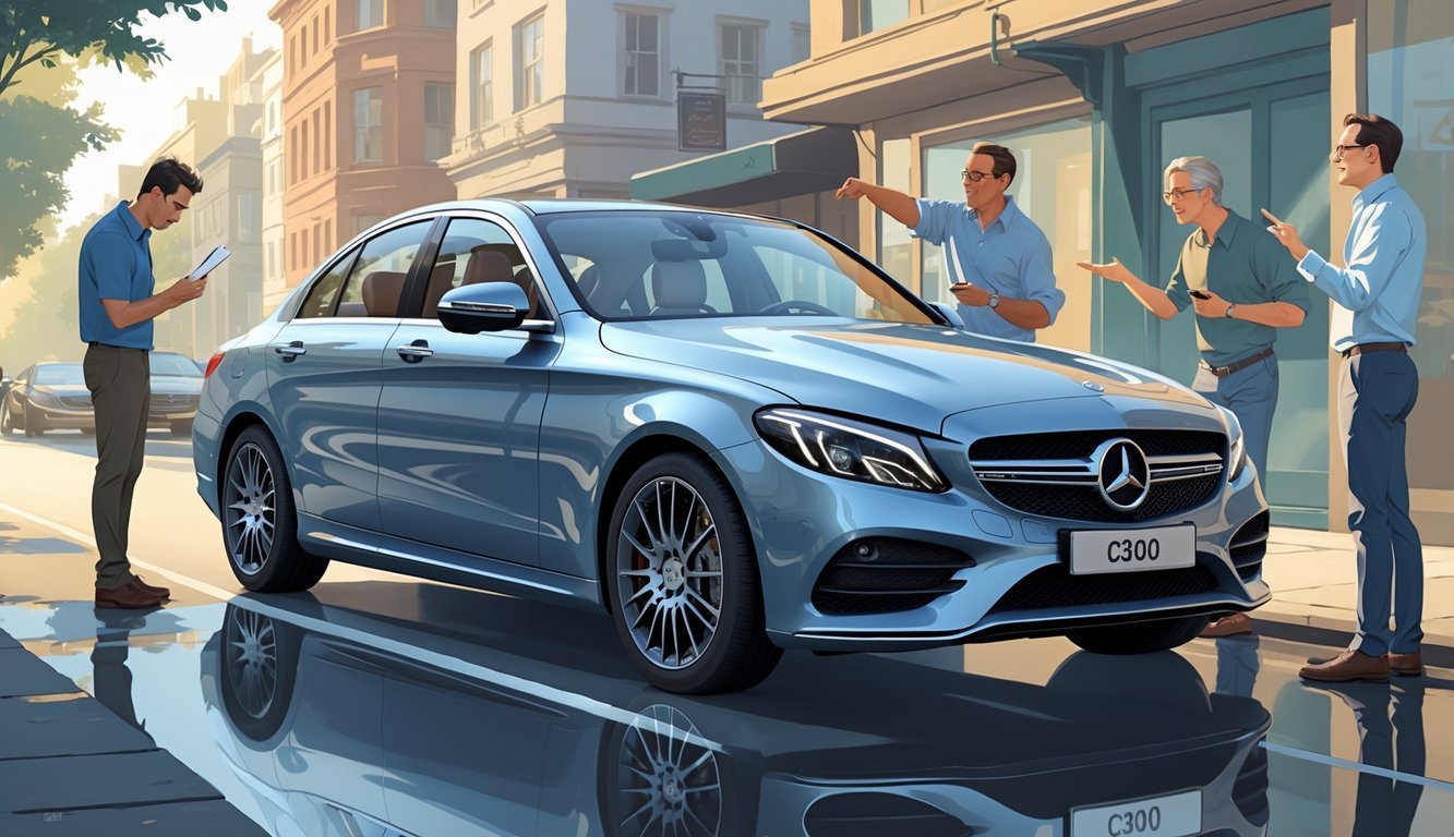 Ljudi oko parkiranog Mercedes C300d automobila na gradskoj ulici, razgovaraju i pregledavaju vozilo.