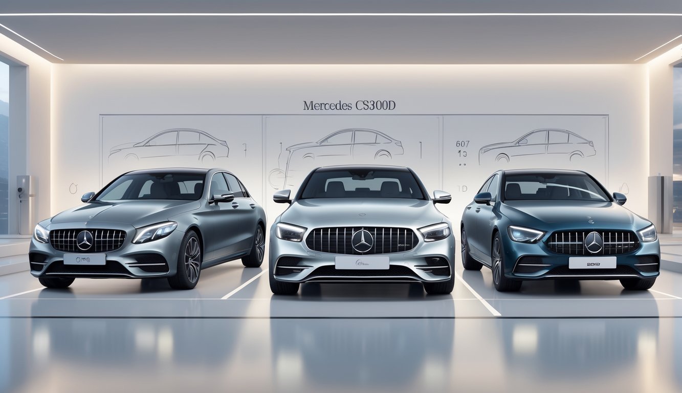 Tri luksuzna automobila postavljena jedan do drugog u izložbenom prostoru, prikazujući njihove dizajnerske značajke i usporedbu.