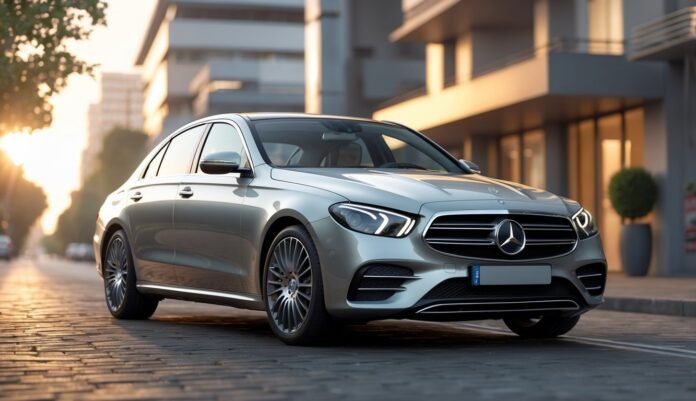 Mercedes E-klasa E220d parkiran na uličnoj sceni u gradu tijekom zalaska sunca.