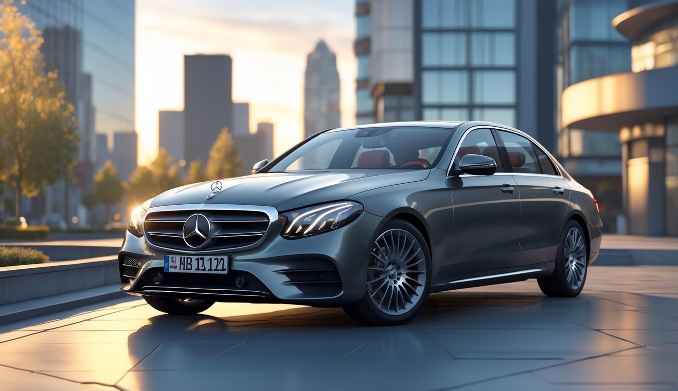 Mercedes-Benz E-klasa E200d parkiran u urbanom okruženju s modernim zgradama u pozadini.