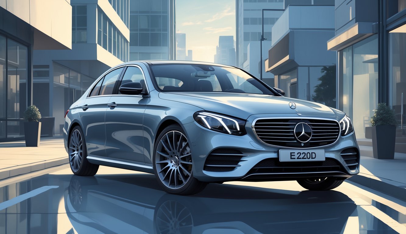 Mercedes E-klasa E220d parkiran u urbanom okruženju s modernim zgradama u pozadini.