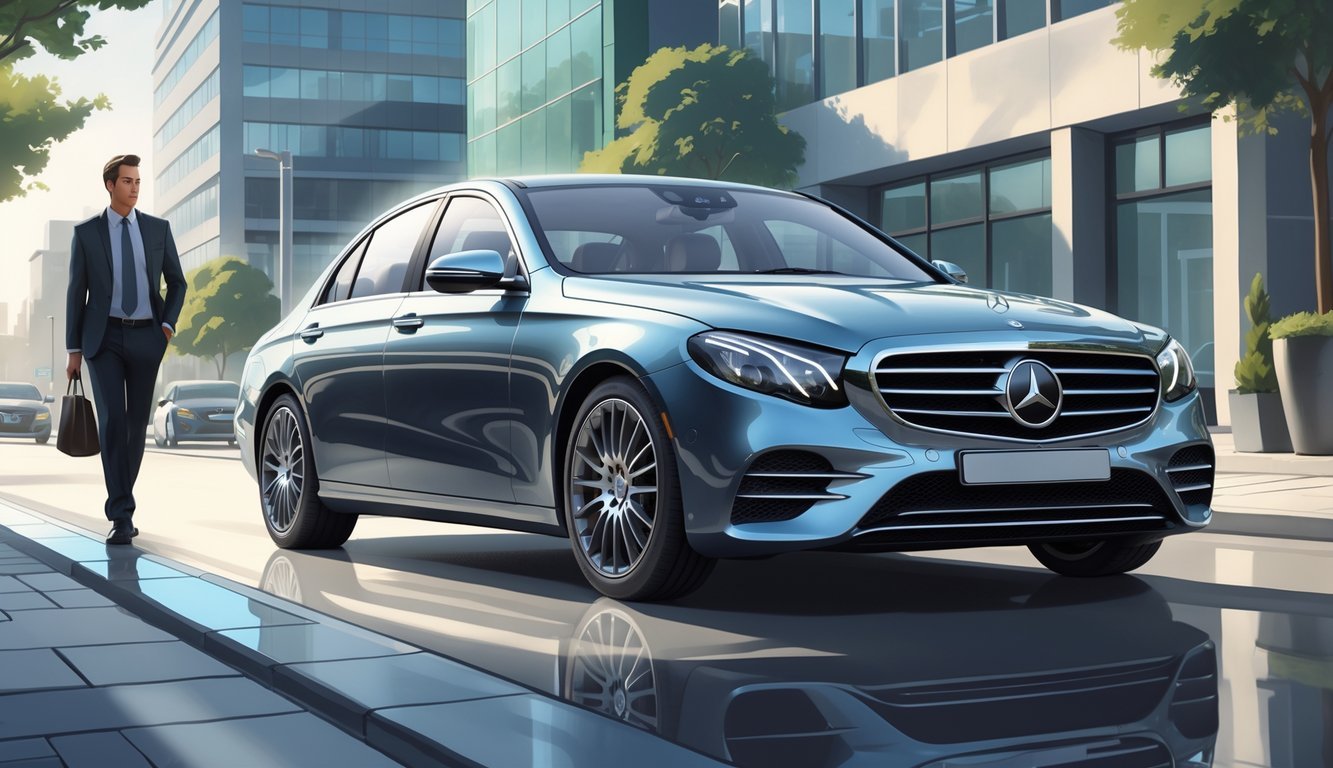 Mercedes-Benz E-Class E200d parkiran na gradskoj ulici s poslovnom osobom u blizini i zgradama u pozadini.