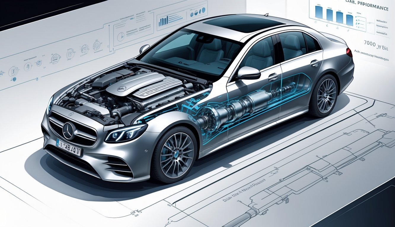 Prikaz motora, performansi i mjenjača automobila Mercedes E-klase E200d.