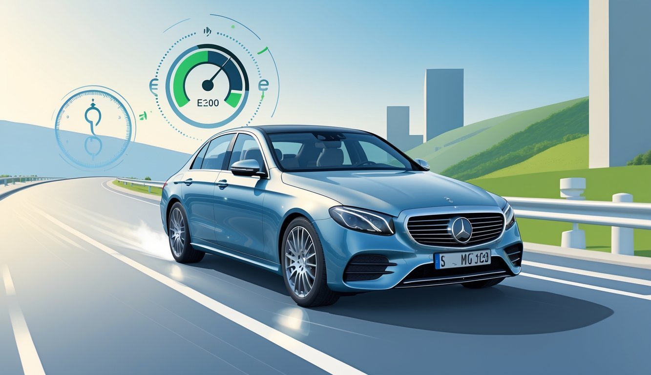 Mercedes E-klasa E220d na cesti s prikazom potrošnje goriva i troškova vožnje.