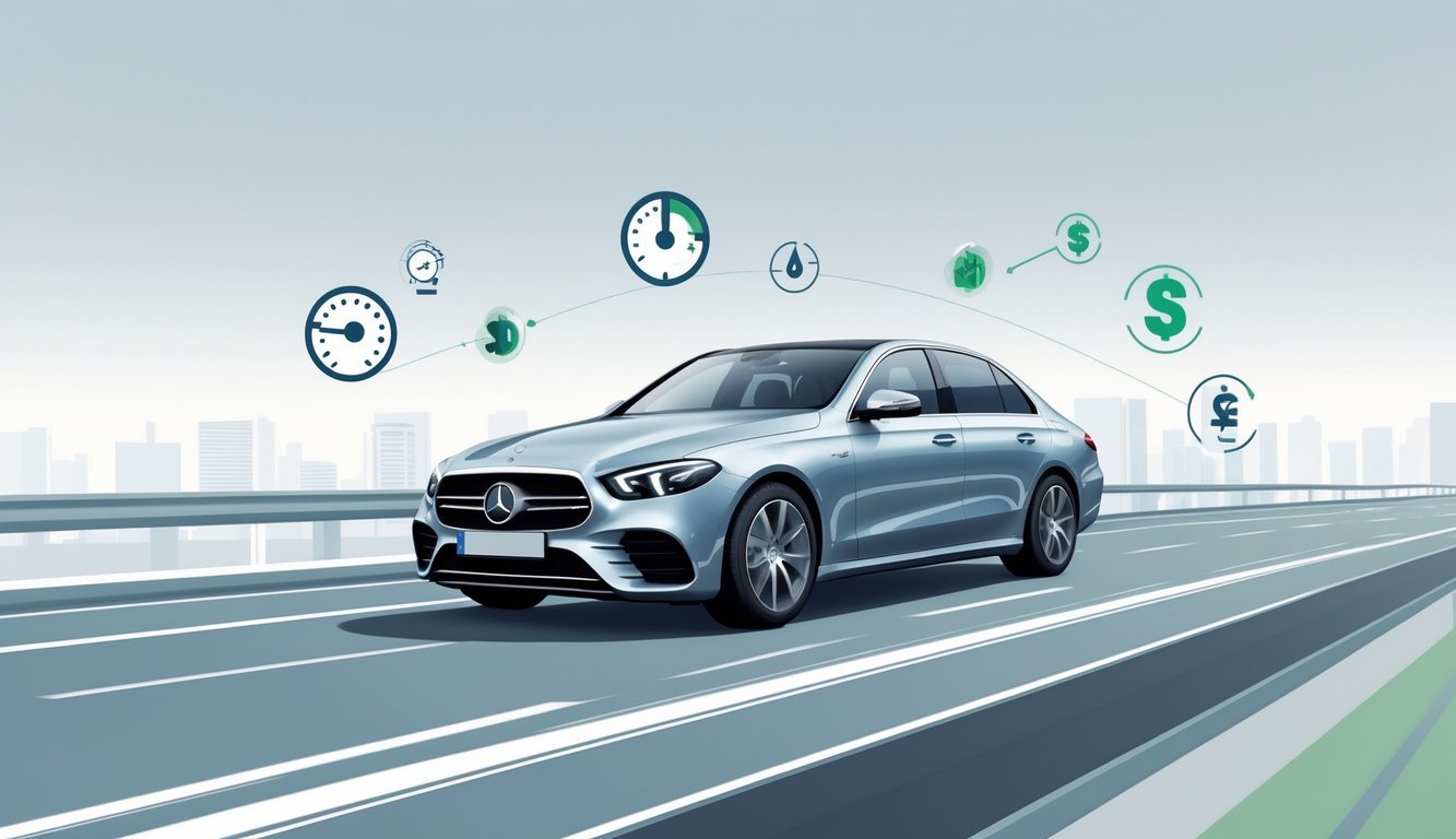 Mercedes E-klasa E200d na cesti s prikazom simbola potrošnje goriva i troškova vožnje.