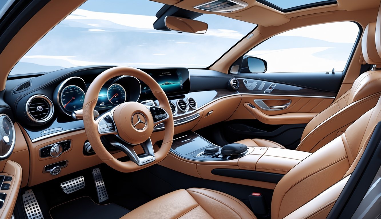 Unutrašnjost Mercedesa E klase E220d s udobnim kožnim sjedalima, prostranim prostorom i modernim upravljačkim pločama.