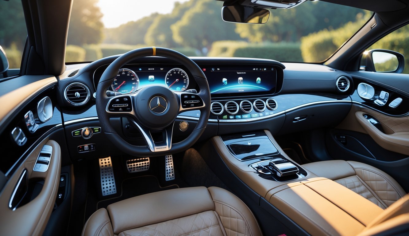 Unutrašnjost Mercedesa E-klase E200d sa luksuznim sjedalima, upravljačem, digitalnim ekranom i modernim infotainment sustavom.