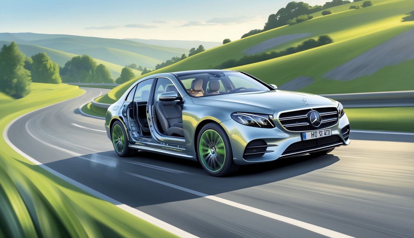 Mercedes E-klasa E200d vozi se cestom okruženom zelenilom i brežuljcima, prikazano s naglaskom na udobnost vožnje i ovjes.