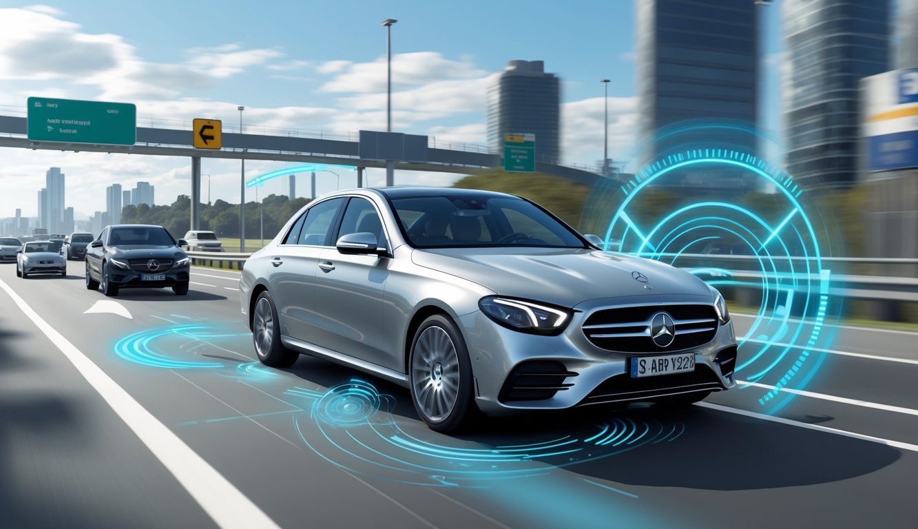 Srebrni Mercedes E220d na autocesti s prikazom sustava pomoći vozaču i sigurnosnih tehnologija.
