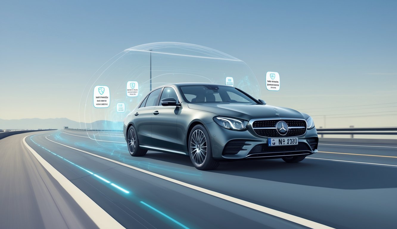 Mercedes E200d na autocesti s prikazom sigurnosnih i pomoćnih sustava za vozača.