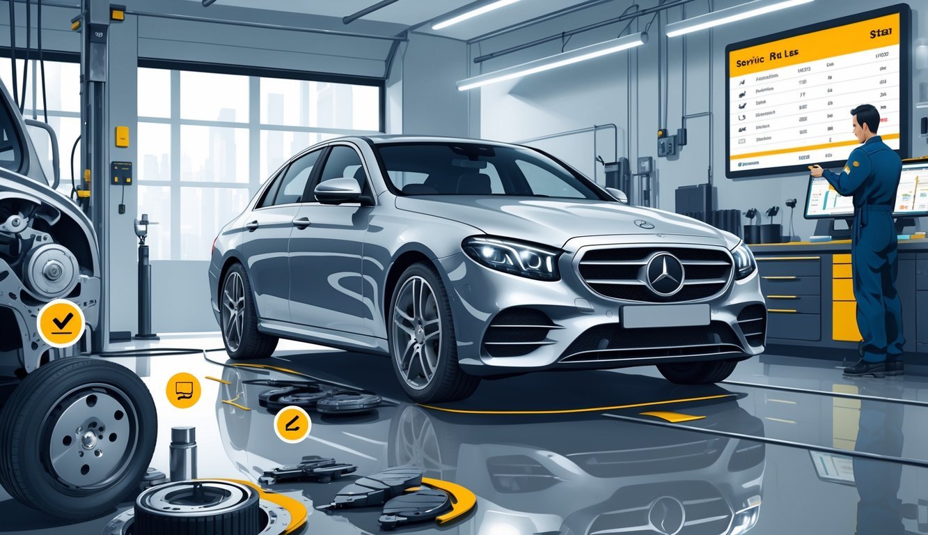 Mercedes E220d u radionici s mehaničarom koji pregledava automobil i prikazom dijelova za servis i popravak.