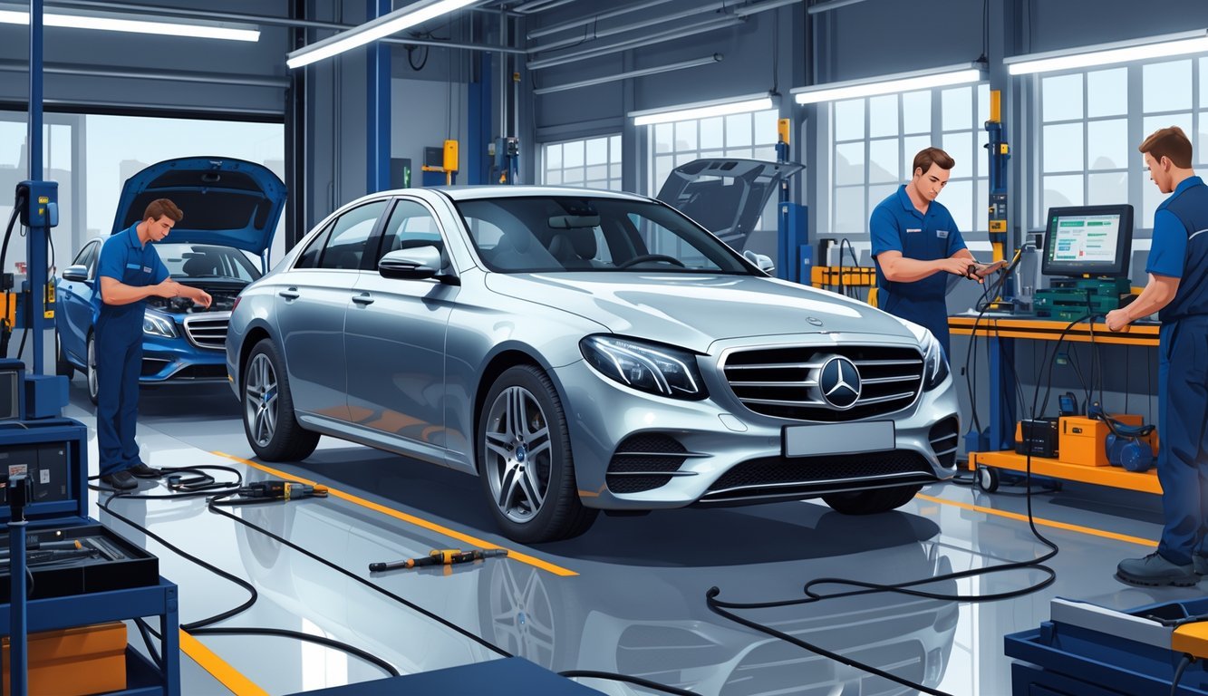 Mercedes E200d automobil u autoservisu dok mehaničari pregledavaju i popravljaju tipične kvarove.