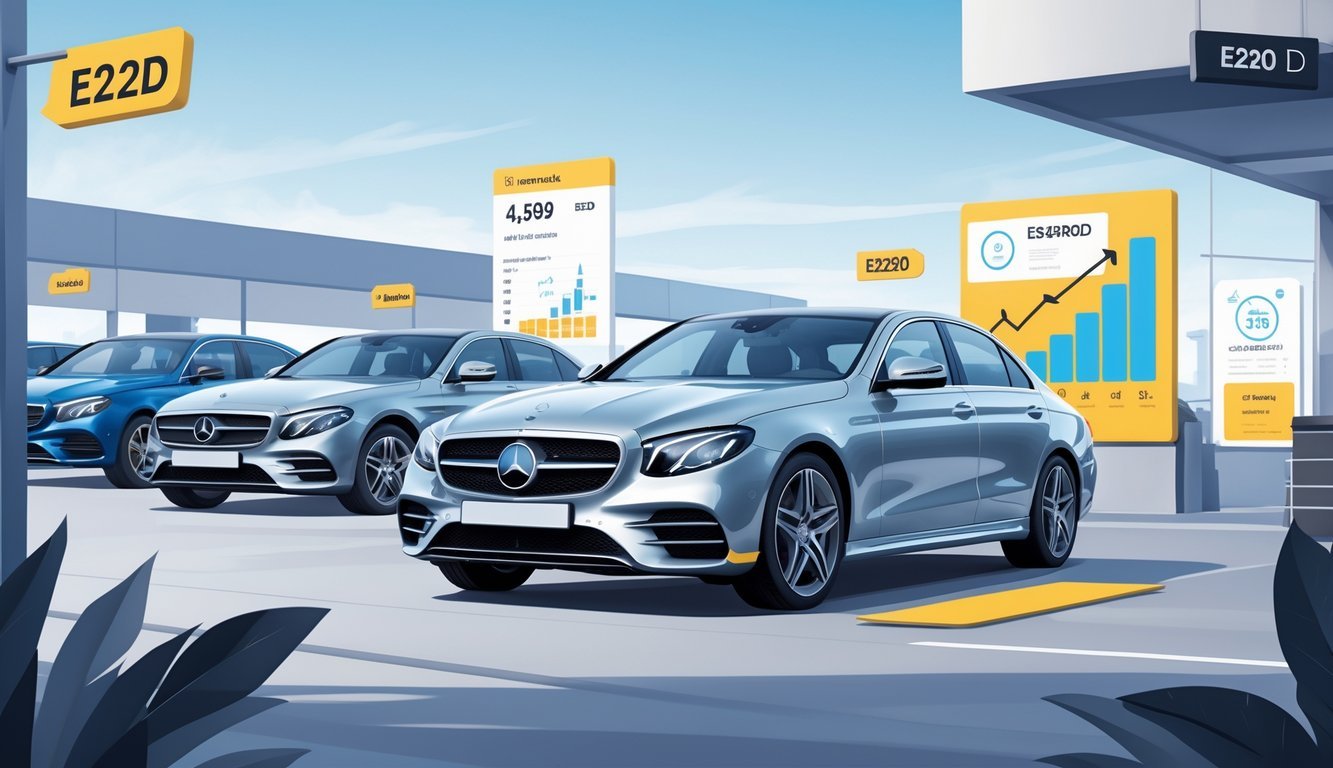 Prikaz rabljenog Mercedesa E220d u urbanom okruženju s elementima koji simboliziraju cijene, opremu i tržište.