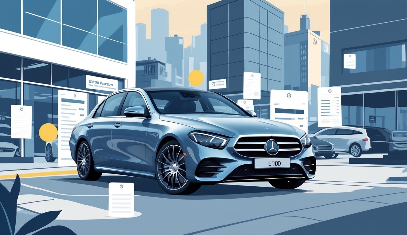 Mercedes E-klasa E200d automobil parkiran u urbanom okruženju s prikazom elemenata vezanih uz opremu i tržište rabljenih vozila.