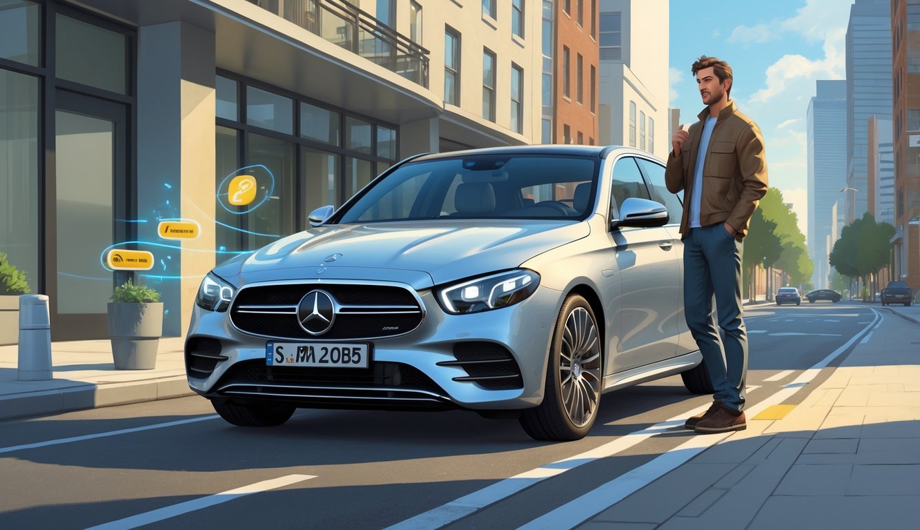 Vlasnik stoji pored parkiranog Mercedesa E-klase E200d na gradskoj ulici, razmišljajući o prednostima i manama automobila.