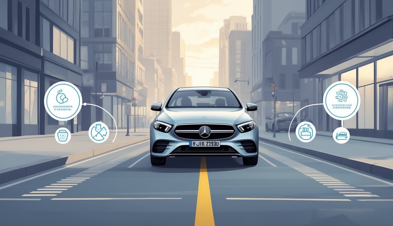 Mercedes E-klasa E220d parkiran na gradskoj ulici s prikazom prednosti i mana vlasnika kroz simbole oko automobila.