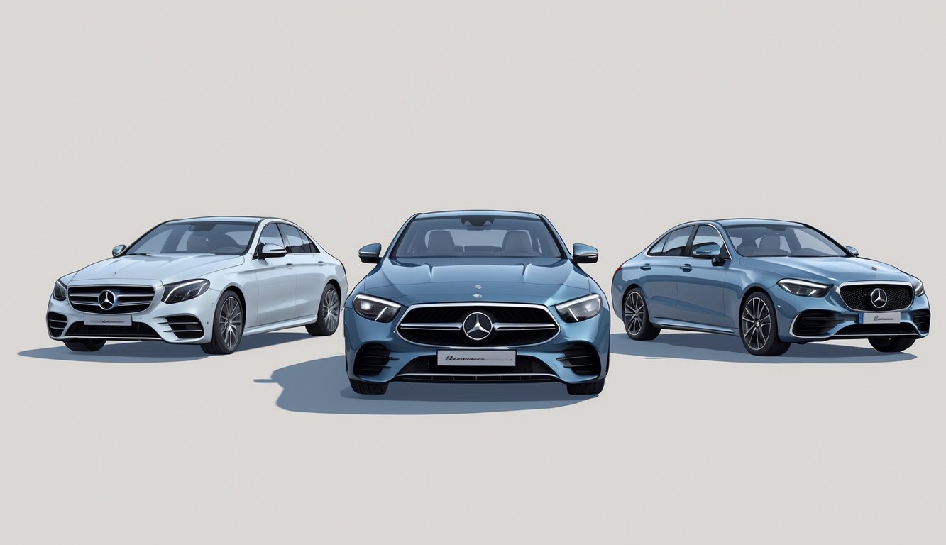Tri moderna automobila postavljena jedan do drugoga radi usporedbe, s Mercedesom E-klase u sredini.