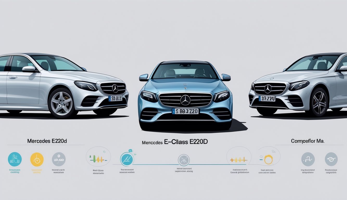 Tri luksuzna automobila postavljena jedan do drugog radi usporedbe, s Mercedesom E220d u sredini i dva konkurentska modela sa strane.