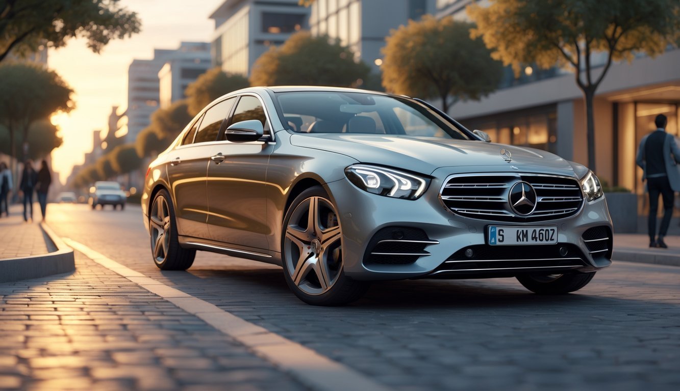 Srebrni Mercedes-Benz E400d parkiran na gradskoj ulici s modernim zgradama u pozadini.