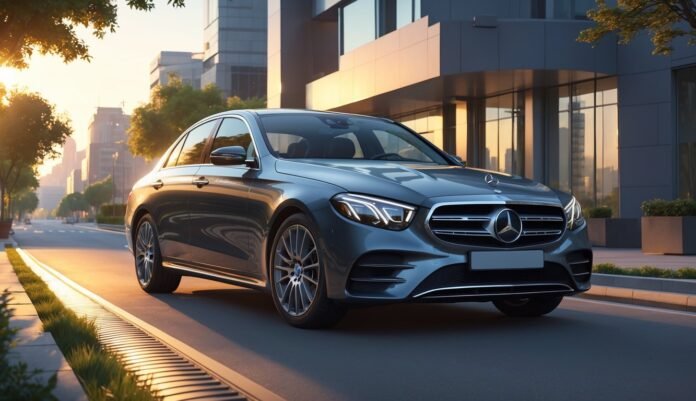 Mercedes-Benz E-klasa E300d parkiran na gradskoj ulici s modernim zgradama u pozadini.