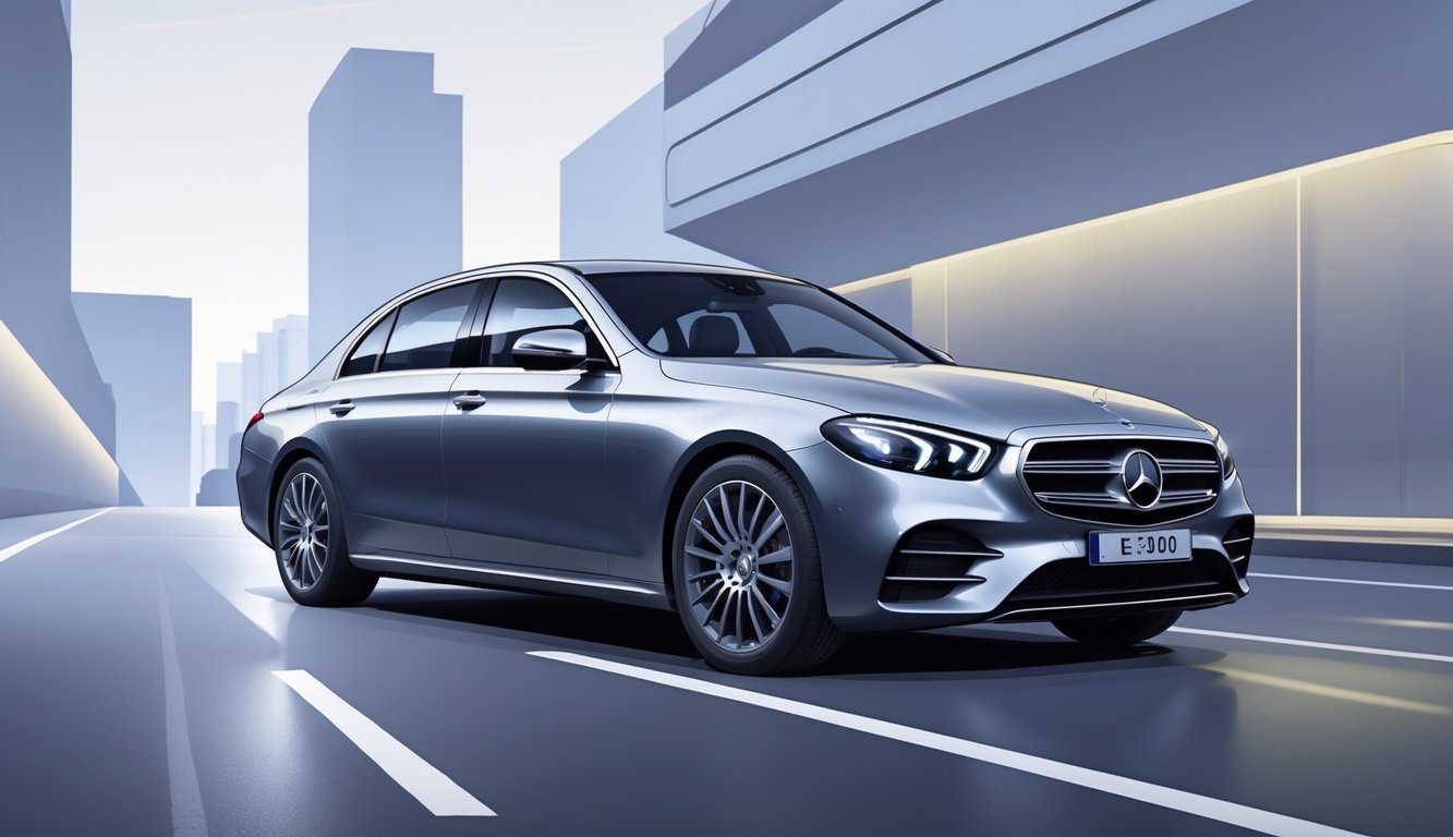 Mercedes-Benz E-Class E300d automobil parkiran na gradskoj ulici s modernom zgradom u pozadini.