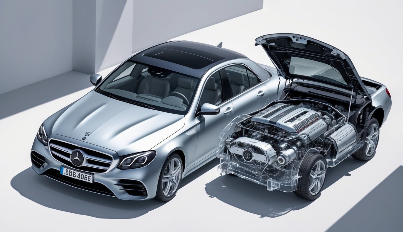 Mercedes E-klasa E400d s otvorenim poklopcem motora koji prikazuje motor i prijenosni sustav.