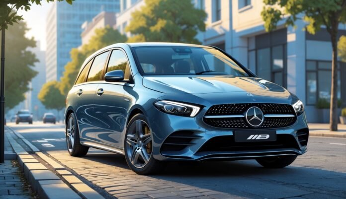 Mercedes B klasa parkirana na gradskoj ulici s okolnim zgradama i drvećem.