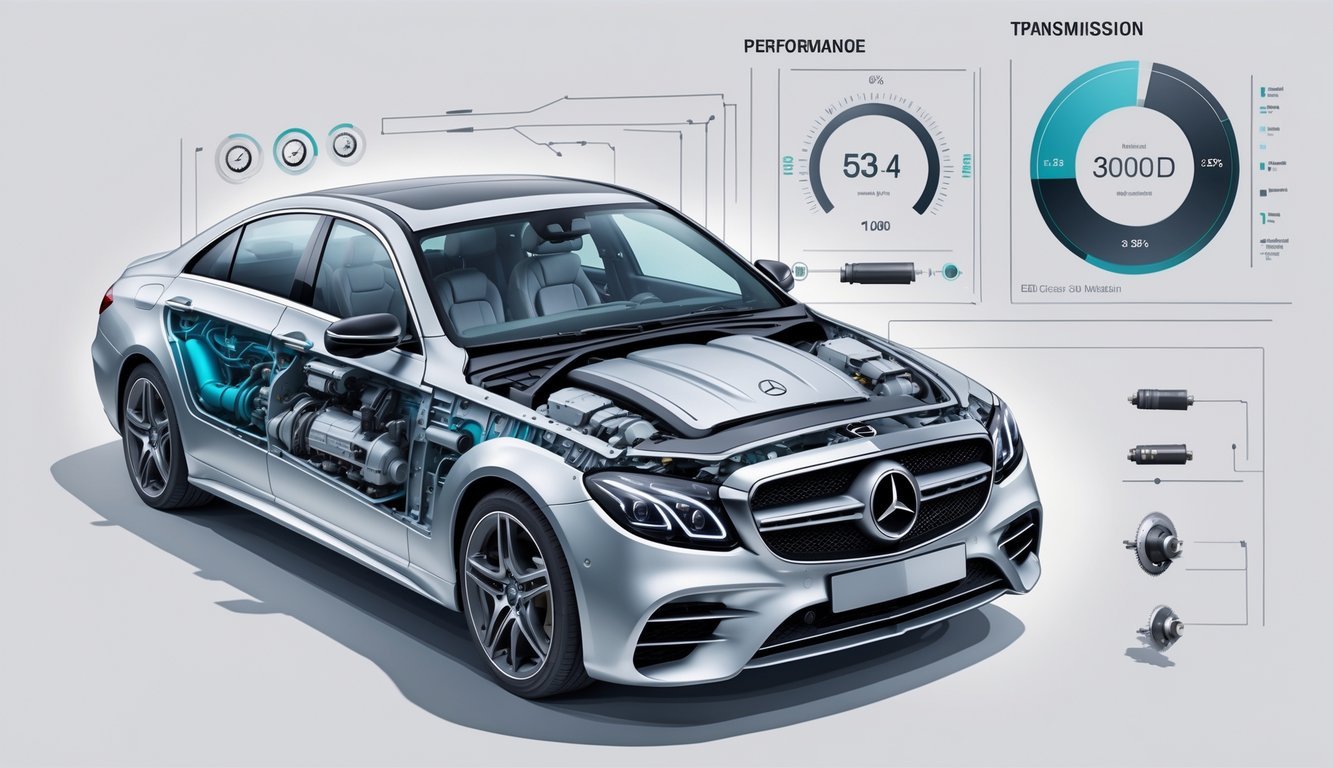 Prikaz motora, performansi i mjenjača Mercedes E klase E300d.