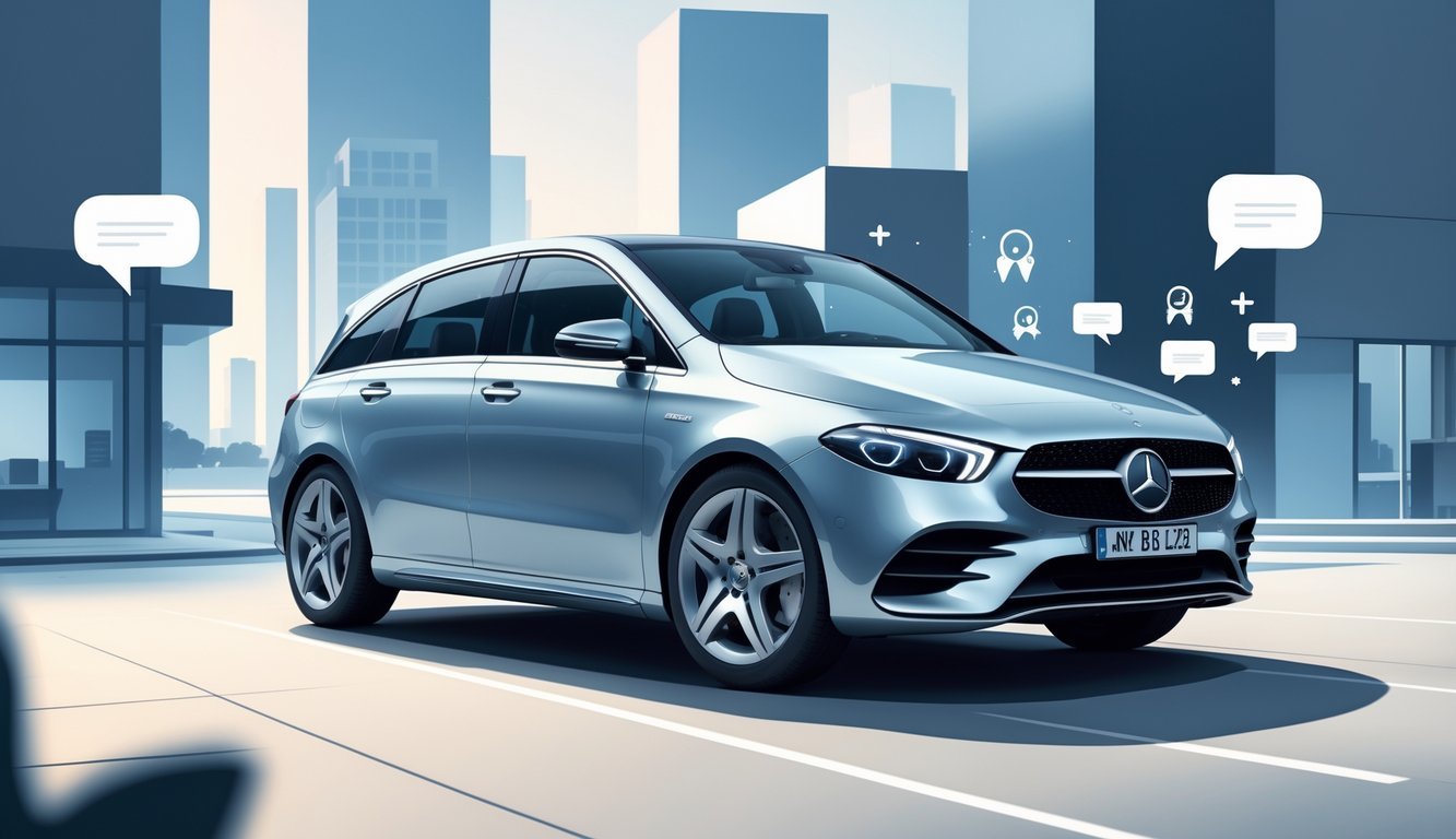 Mercedes B klasa automobil prikazan u urbanom okruženju s elementima koji simboliziraju iskustva korisnika.