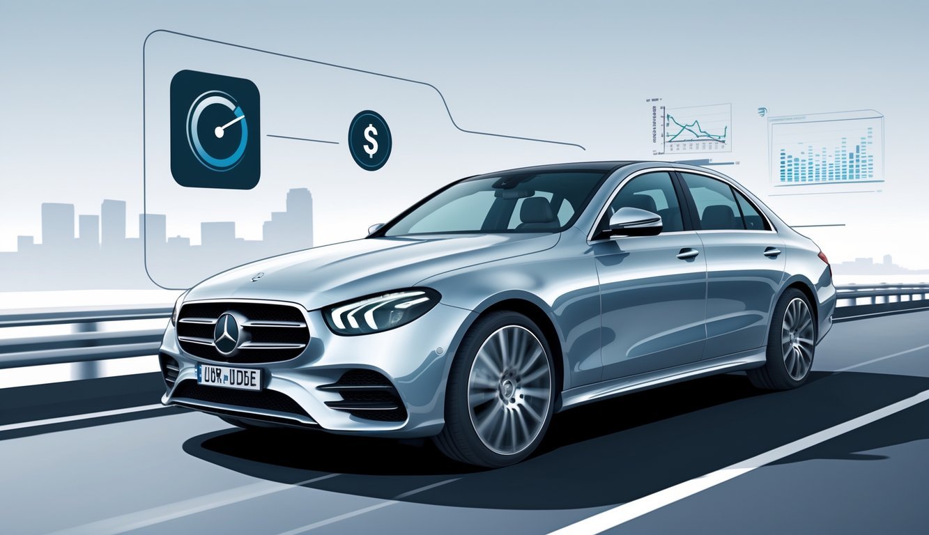 Mercedes-Benz E-klasa E400d na cesti s prikazom simbola potrošnje goriva i troškova vožnje.