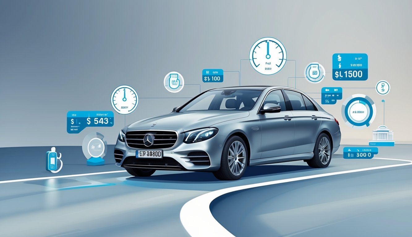 Mercedes E300d na cesti s prikazom ikona koje predstavljaju potrošnju goriva i troškove vožnje.