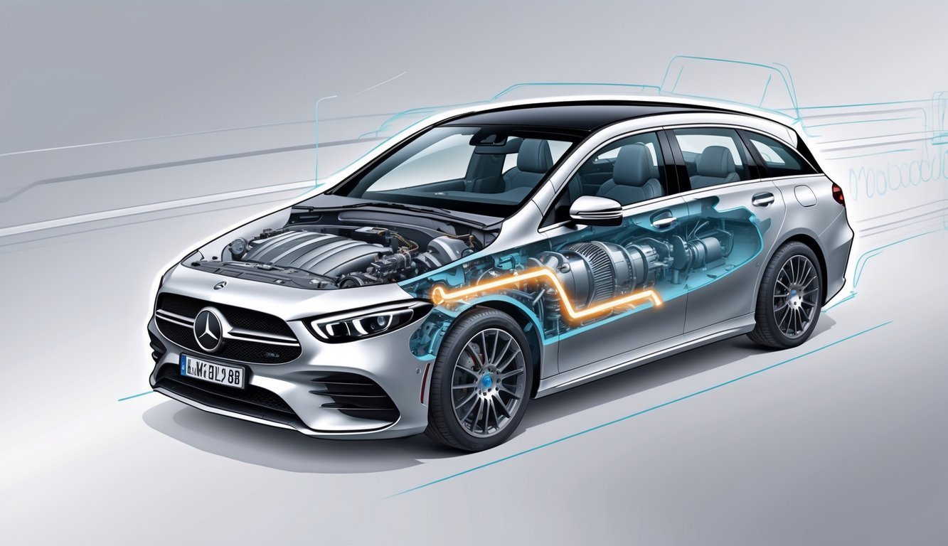 Prikaz motora, performansi i mjenjača automobila Mercedes B klase s vidljivim mehaničkim dijelovima i grafičkim prikazom performansi.