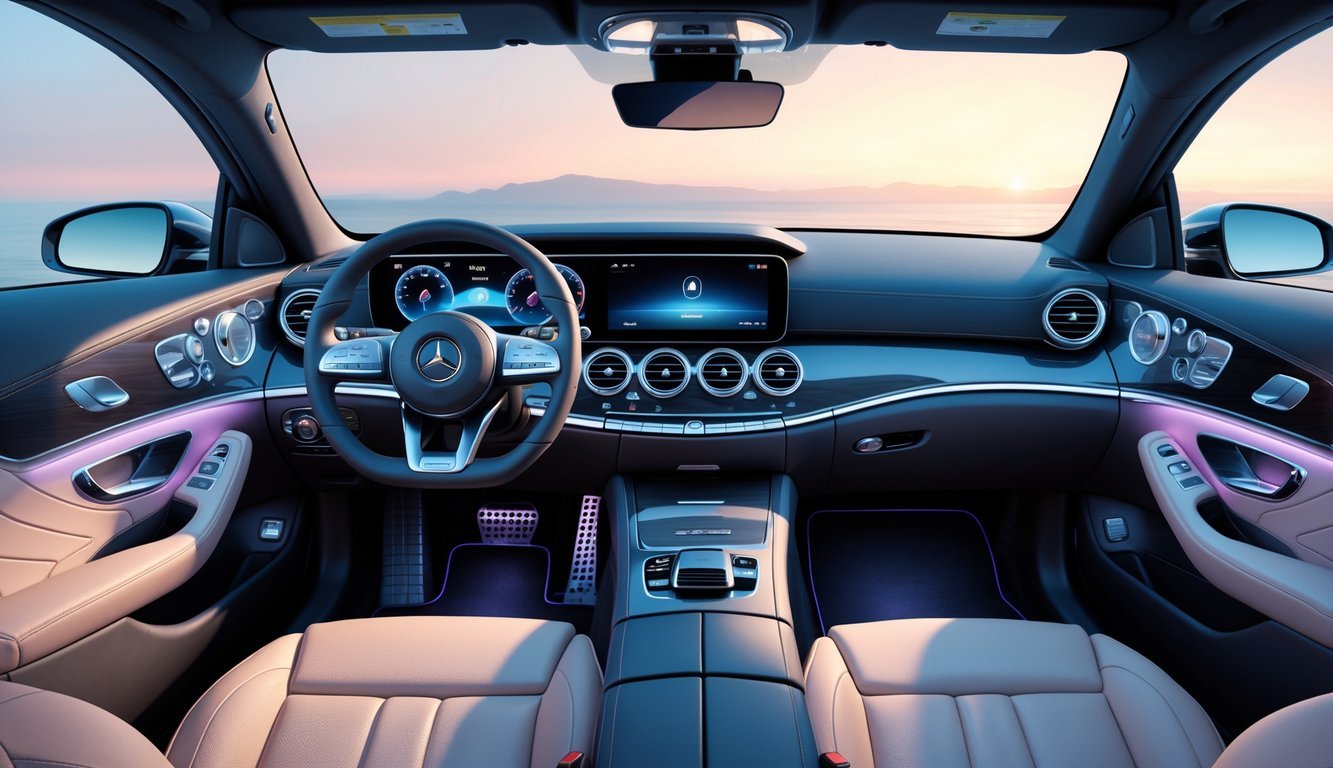 Unutrašnjost Mercedes E-klase E400d s udobnim kožnim sjedalima, prostranim prostorom i modernim upravljačkim pločama.