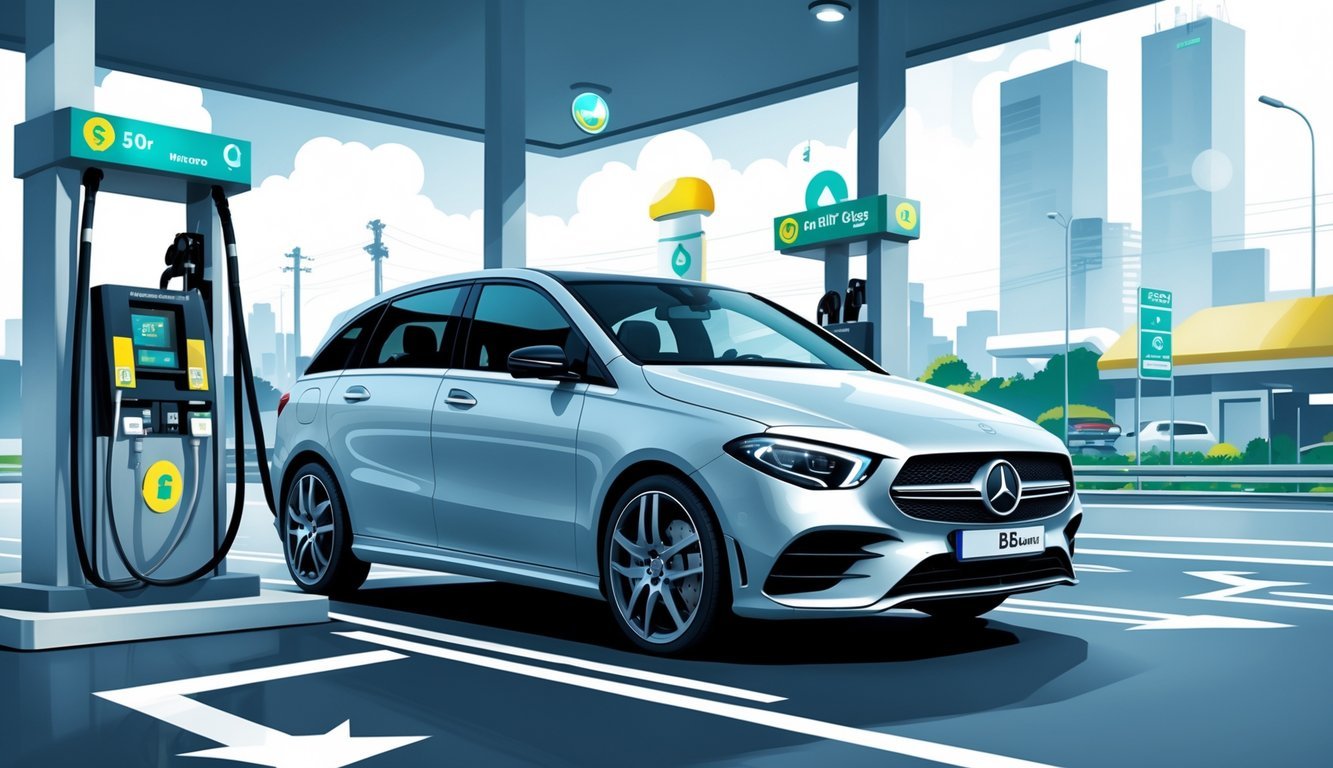 Mercedes B-klasa parkirana kraj benzinske pumpe u gradskom okruženju s prikazom simbola goriva i troškova vožnje.