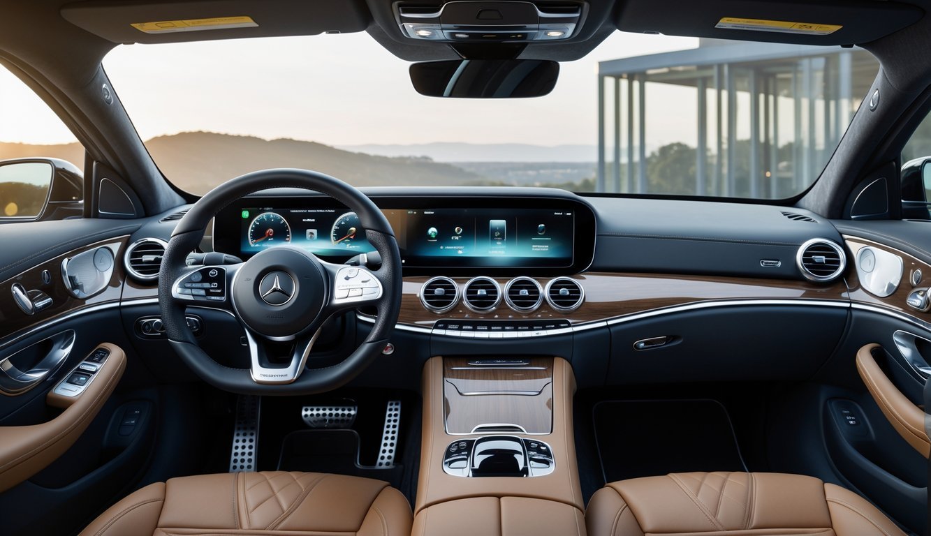 Unutrašnjost luksuznog Mercedesa E-klase s prikazom visoke kvalitete izrade i suvremenog infotainment sustava.