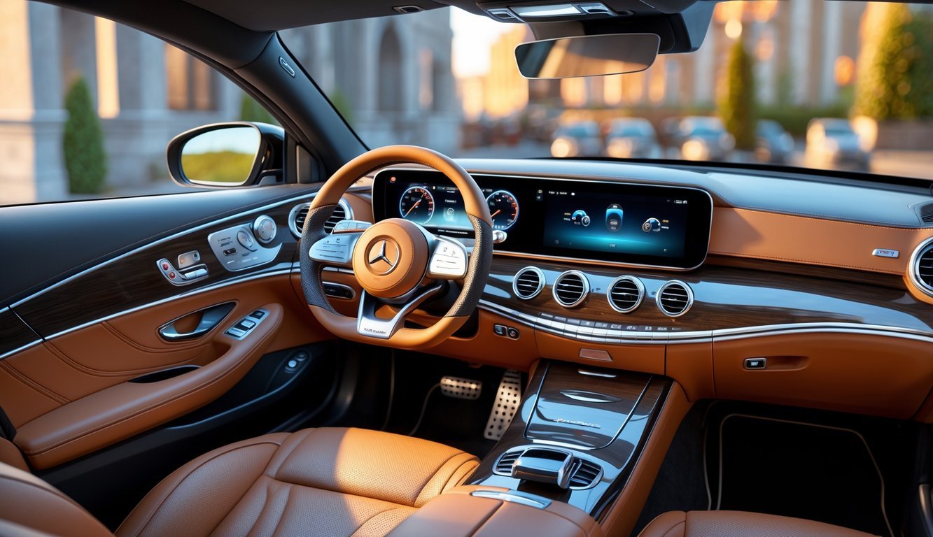 Unutrašnjost Mercedesa E klase E300d sa luksuznim sjedalima, modernim infotainment sistemom i visokokvalitetnim materijalima.