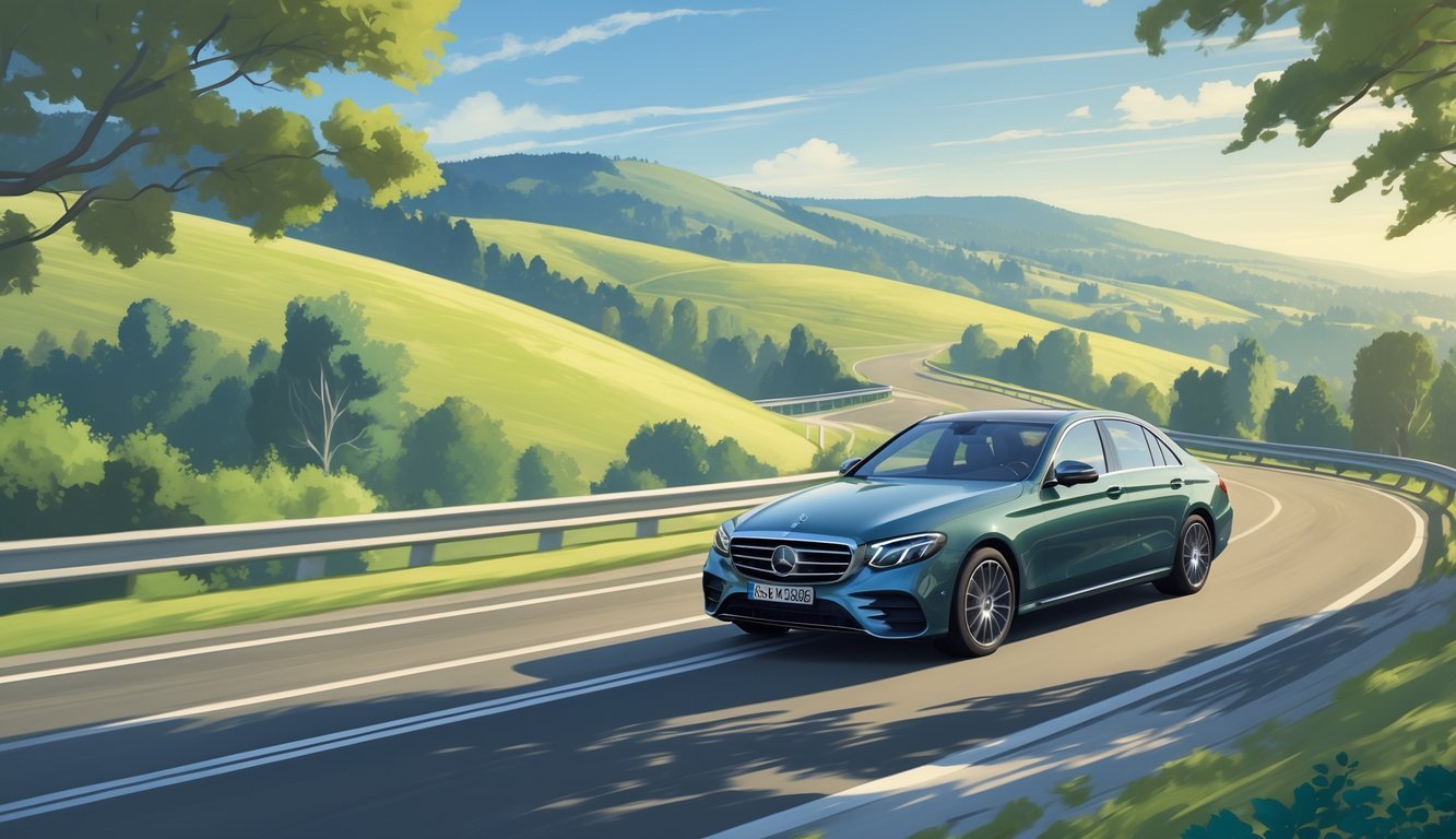 Mercedes E-Class E400d na vijugavoj cesti kroz prirodni krajolik.