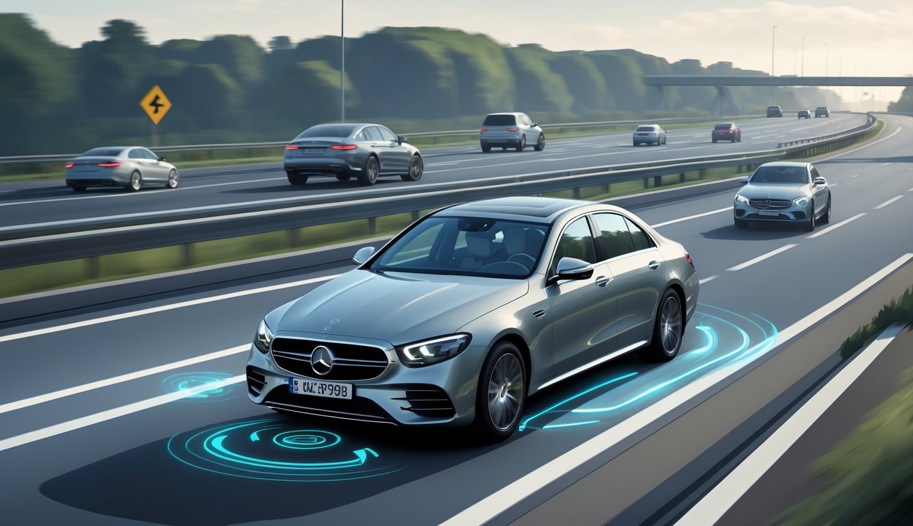 Mercedes E400d vozi cestom s prikazom sigurnosnih i pomoćnih sustava aktivnih tijekom vožnje.