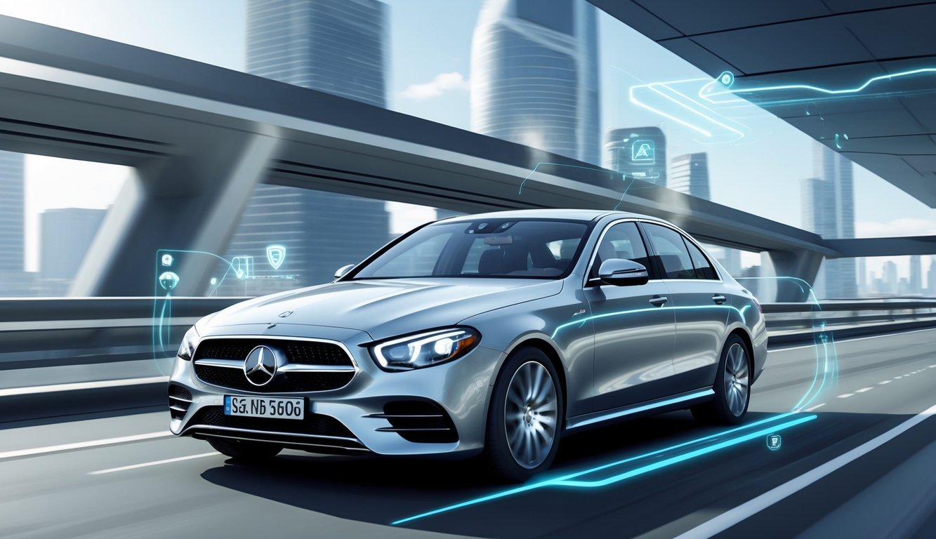 Mercedes E300d automobil na autocesti s prikazom sigurnosnih i pomoćnih sustava vozaču.