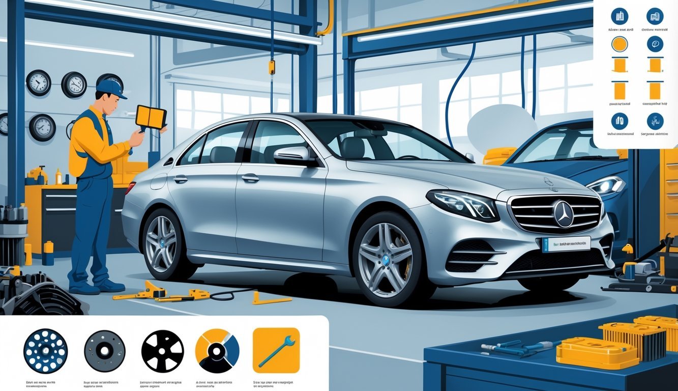 Mercedes E-klasa E400d u automehaničarskoj radionici dok mehaničar pregledava motor, s prikazom dijelova automobila i simbolima u pozadini koji predstavljaju uobičajene kvarove i troškove servisa.